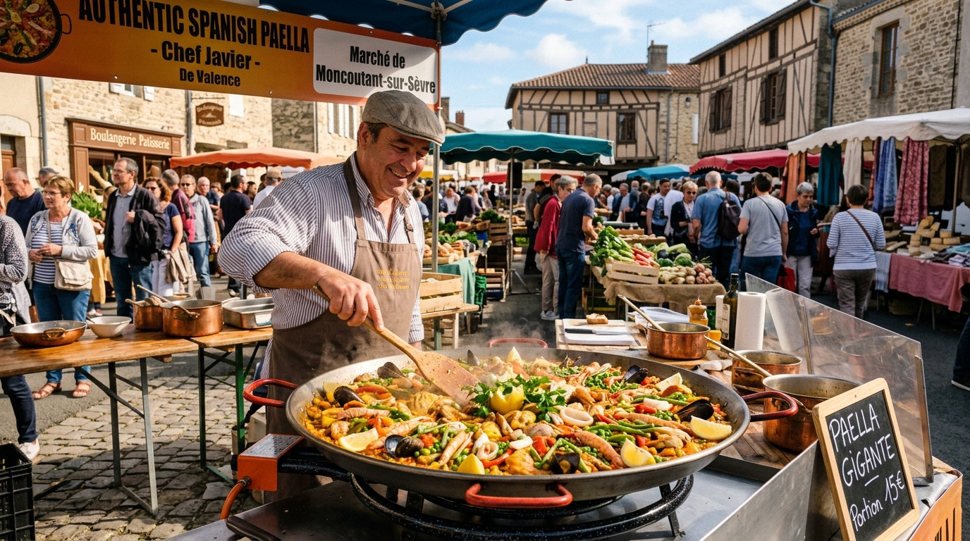 découvrez la paella authentique préparée par le traiteur de thouars au marché de pescalis à moncoutant-sur-sèvre. saveurs traditionnelles et produits locaux au rendez-vous.