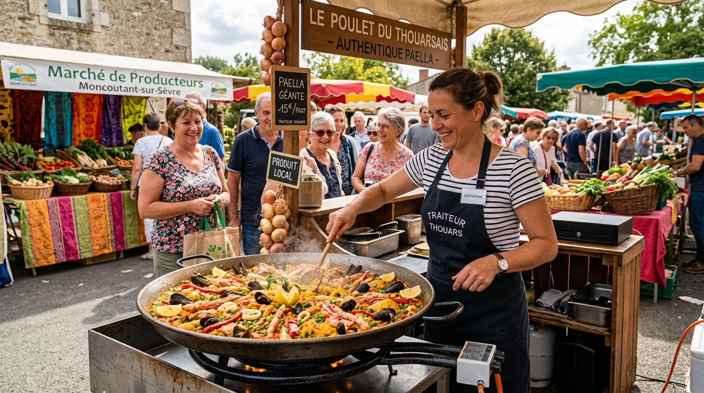 découvrez la paella authentique préparée par le traiteur de thouars au marché de pescalis à moncoutant-sur-sèvre, une véritable expérience gourmande à ne pas manquer.