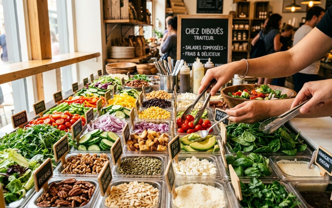 composez votre salade sur-mesure chez dibouës traiteur avec des ingrédients frais et savoureux qui réveilleront vos papilles. une expérience culinaire unique et personnalisée à ne pas manquer !