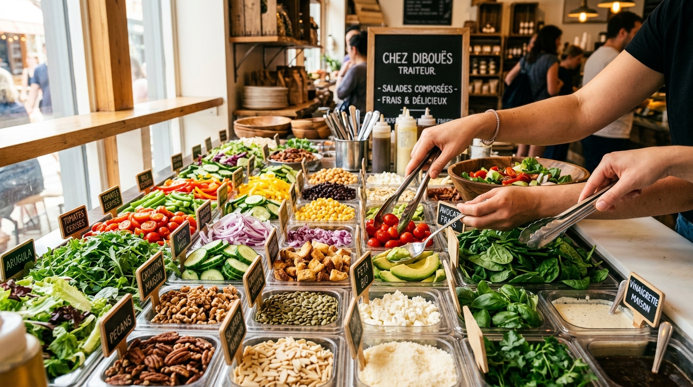 composez votre salade sur-mesure chez dibouës traiteur avec des ingrédients frais et savoureux qui réveilleront vos papilles. une expérience culinaire unique et personnalisée à ne pas manquer !