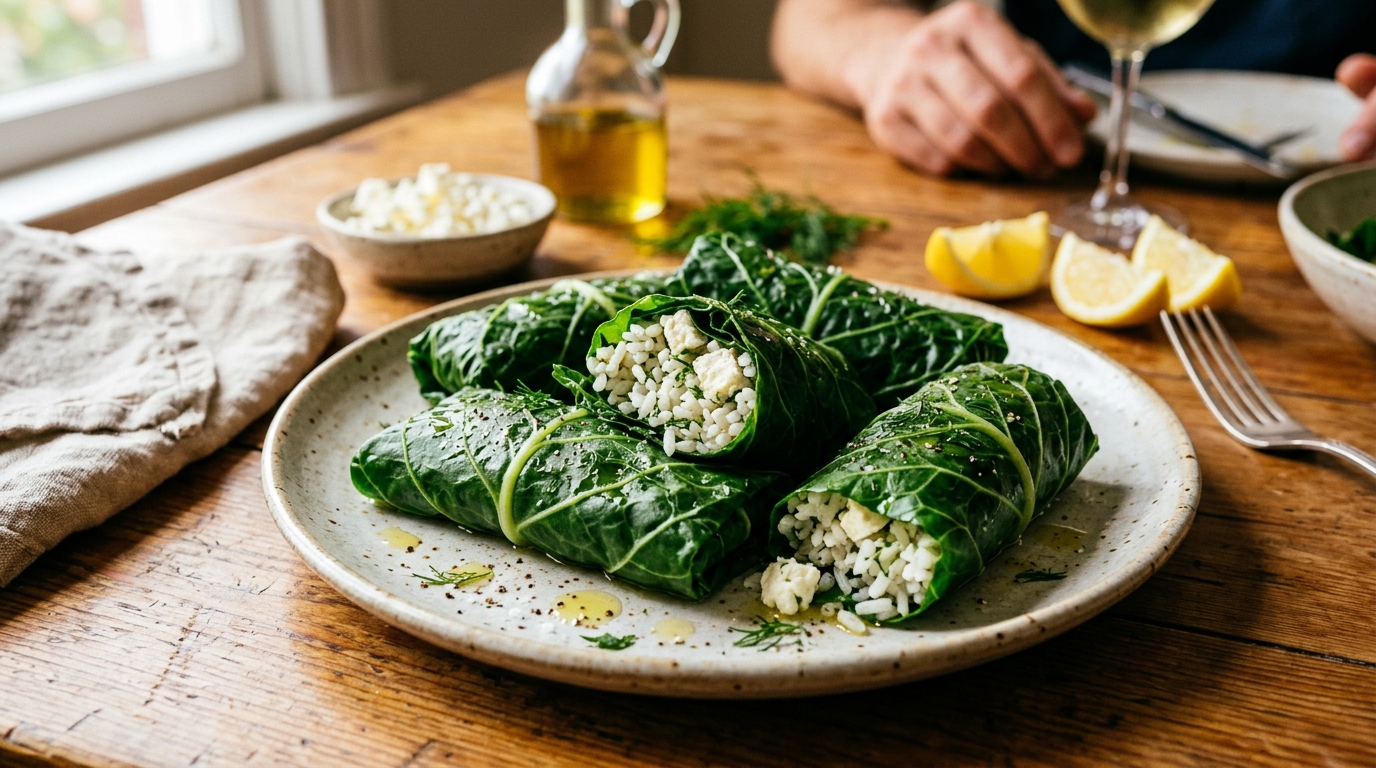 découvrez une expérience culinaire unique avec des feuilles de blette garnies de riz cru et feta, une recette savoureuse qui a conquis tous mes invités.