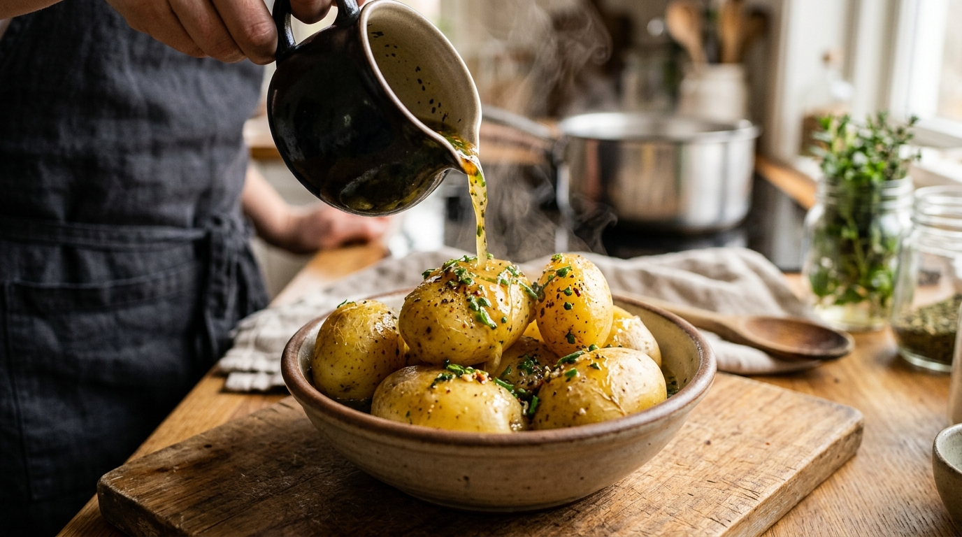 découvrez ce qui se passe lorsque vous arrosez des pommes de terre encore chaudes avec un bouillon vinaigré, une expérience culinaire originale et pleine de surprises.