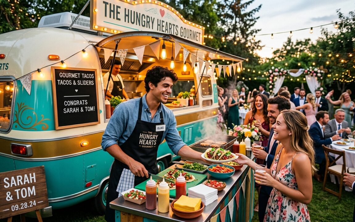à 26 ans, il partage un pur bonheur en parcourant mariages et événements avec son food-truck gourmand, offrant des saveurs uniques et une ambiance conviviale.