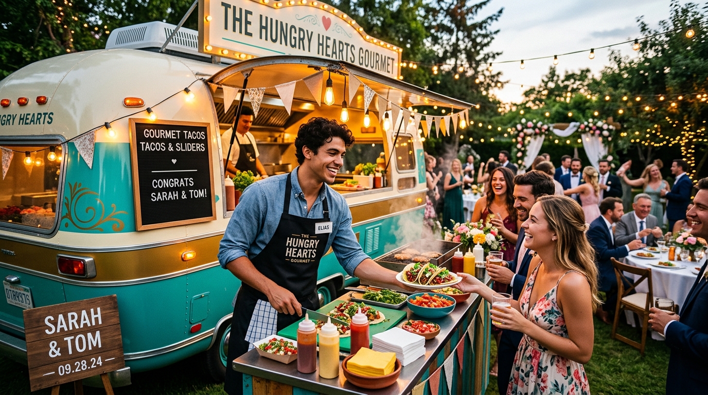 à 26 ans, il partage un pur bonheur en parcourant mariages et événements avec son food-truck gourmand, offrant des saveurs uniques et une ambiance conviviale.