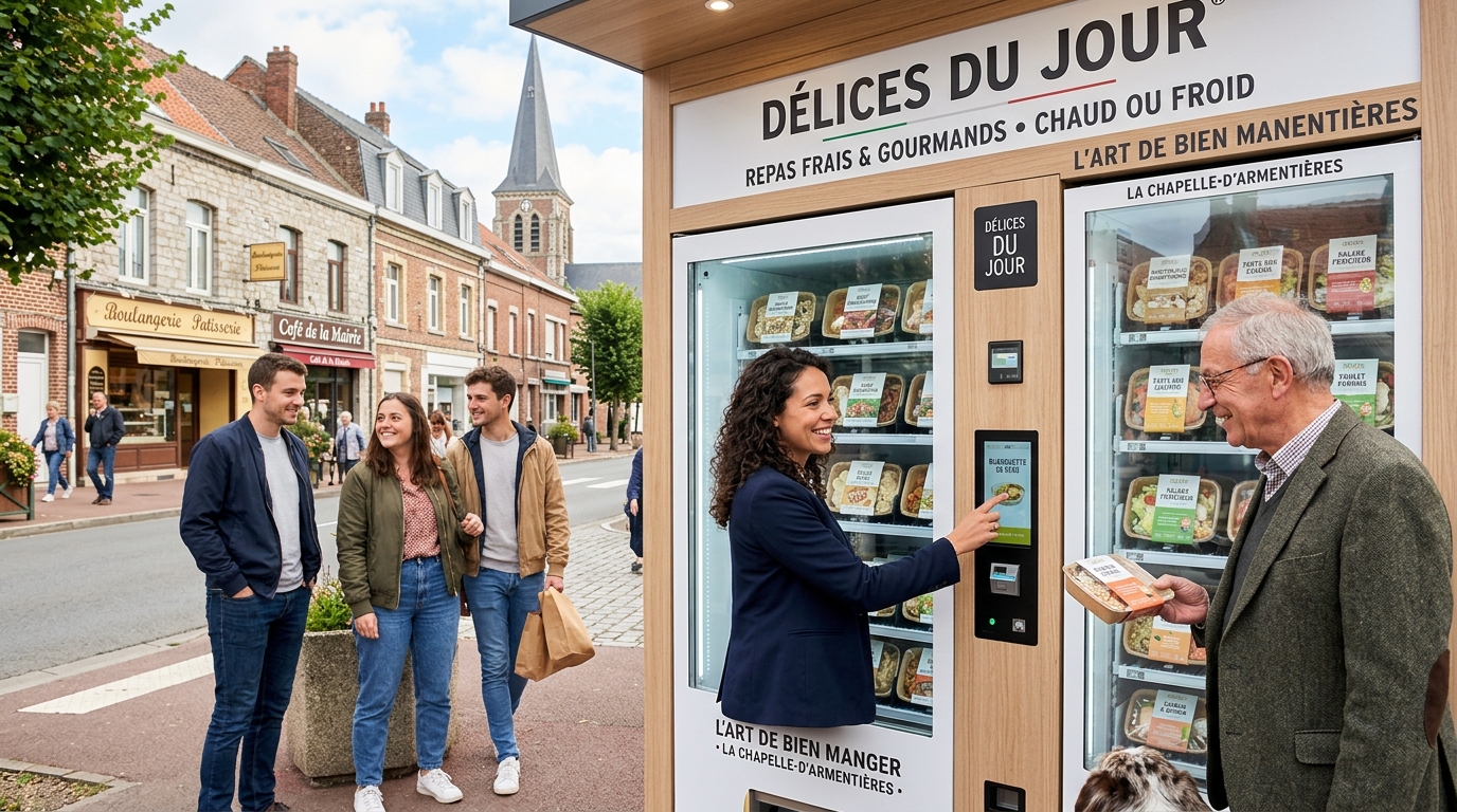 découvrez à la chapelle-d’armentières instant culinaire, le distributeur automatique innovant de plats traiteurs en libre-service pour une pause gourmande rapide et savoureuse.
