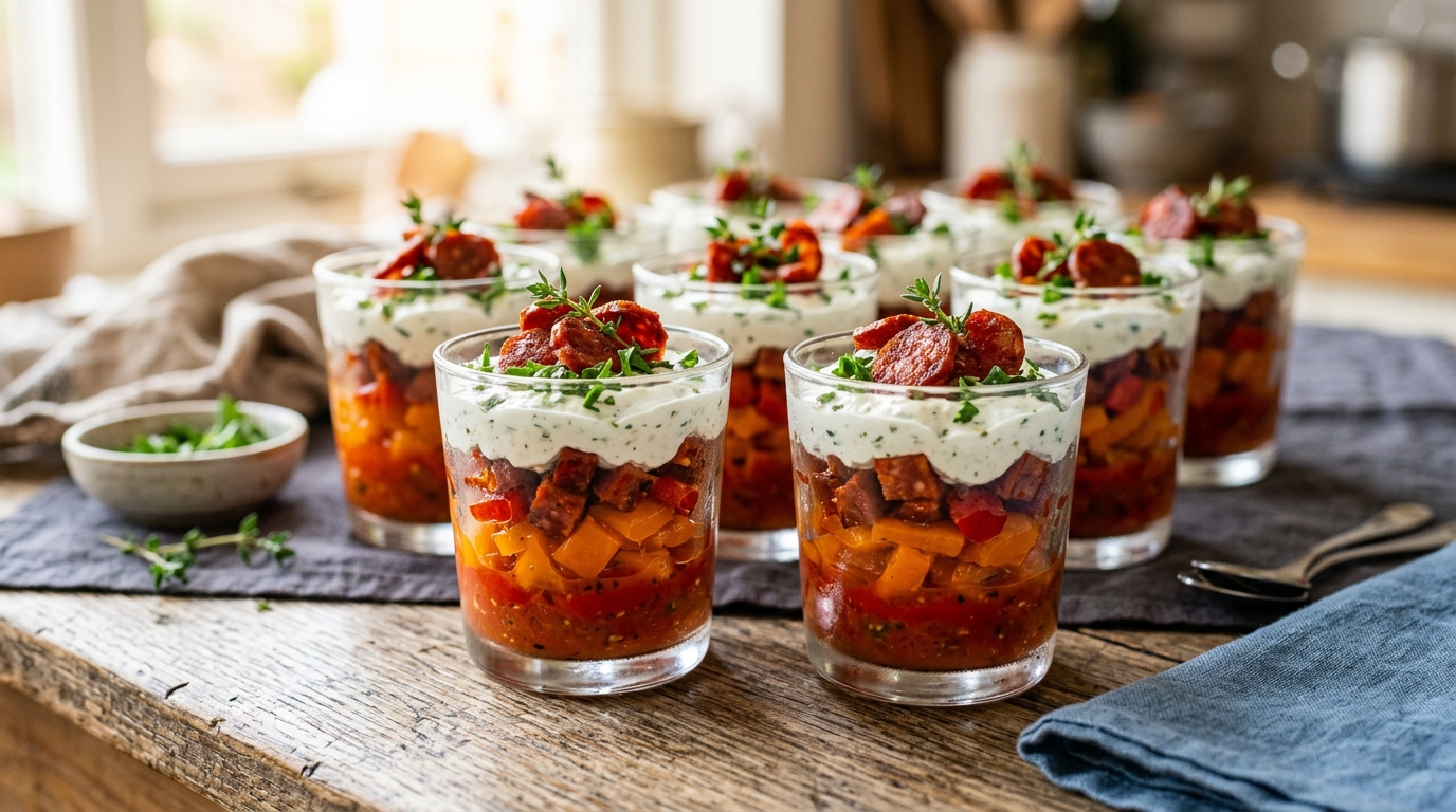découvrez la recette des verrines poivron-chorizo préparées la veille pour épater vos invités sans stress le jour j. pratique, savoureuse et rapide, la clé d'une réception réussie !